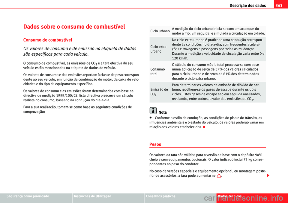 Seat Alhambra 2011  Manual do proprietário (in Portuguese)  Descrição dos dados363
Segurança como prioridadeInstruções de UtilizaçãoConselhos práticosDados Técnicos
Dados sobre o consumo de combustível
Consumo de combustível
Os valores de consumo e 
