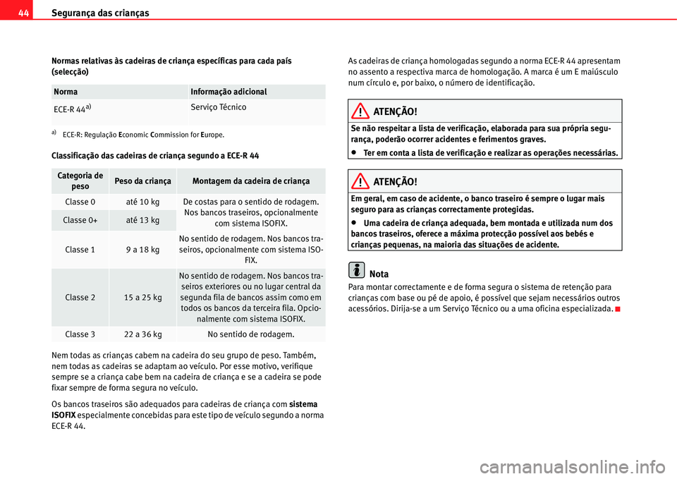 Seat Alhambra 2011  Manual do proprietário (in Portuguese)  Segurança das crianças 44
Normas relativas às cadeiras de criança específicas para cada país 
(selecção)
Classificação das cadeiras de criança segundo a ECE-R 44
Nem todas as crianças cabe