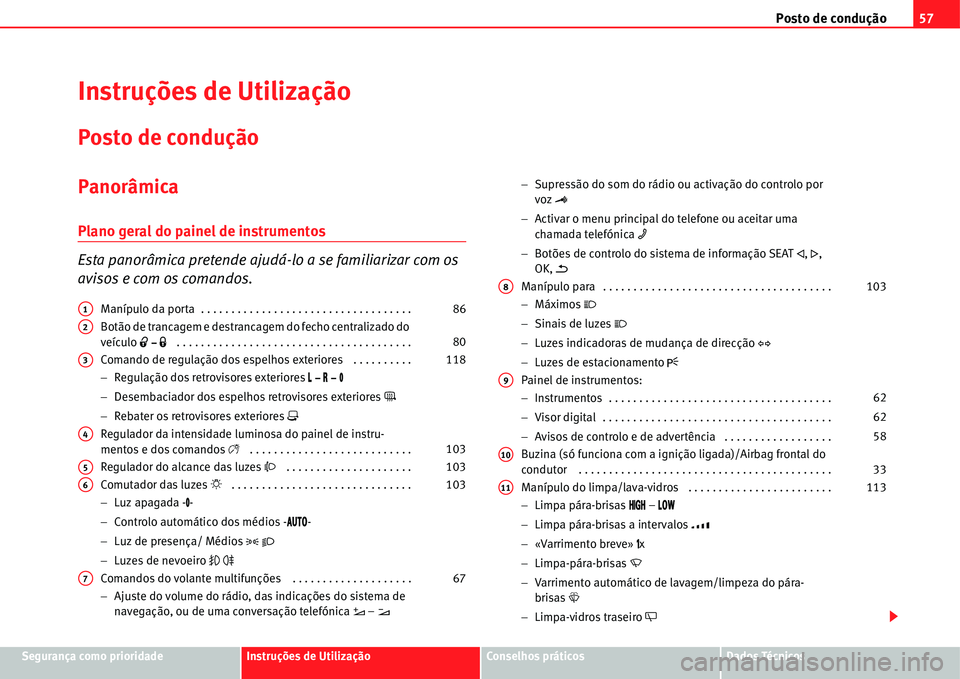 Seat Alhambra 2011  Manual do proprietário (in Portuguese)  Posto de condução57
Segurança como prioridadeInstruções de UtilizaçãoConselhos práticosDados Técnicos
Instruções de Utilização
Posto de condução
Panorâmica
Plano geral do painel de ins