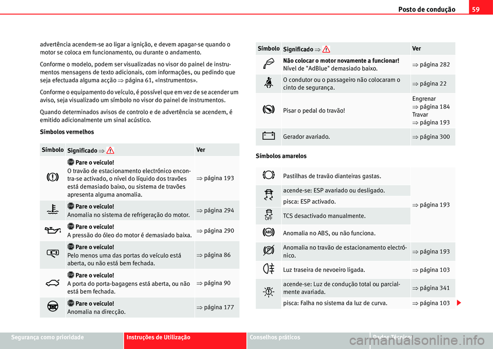 Seat Alhambra 2011  Manual do proprietário (in Portuguese)  Posto de condução59
Segurança como prioridadeInstruções de UtilizaçãoConselhos práticosDados Técnicos advertência acendem-se ao ligar a ignição, e devem apagar-se quando o 
motor se coloca