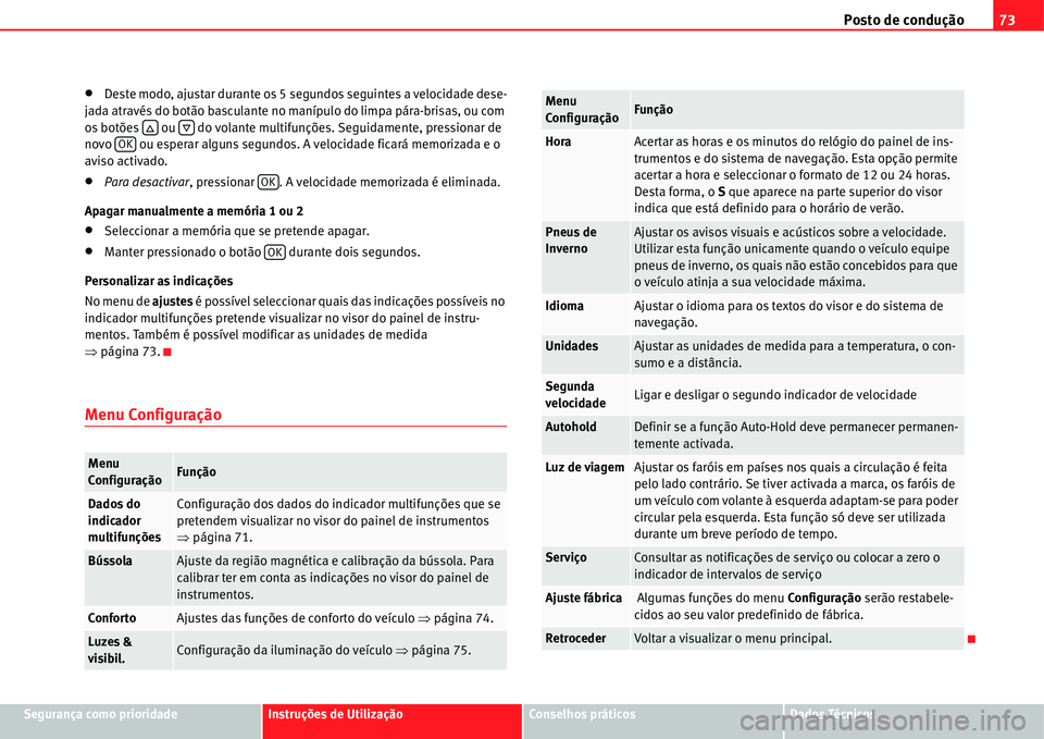 Seat Alhambra 2011  Manual do proprietário (in Portuguese)  Posto de condução73
Segurança como prioridadeInstruções de UtilizaçãoConselhos práticosDados Técnicos
�xDeste modo, ajustar durante os 5 segundos seguintes a velocidade dese-
jada através do