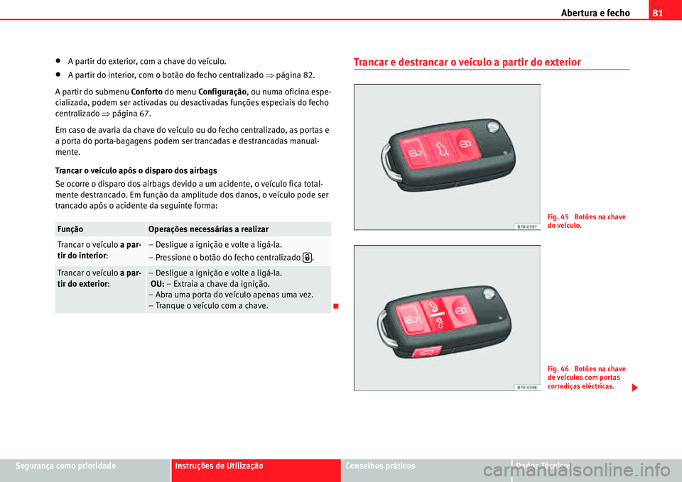 Seat Alhambra 2011  Manual do proprietário (in Portuguese)  Abertura e fecho81
Segurança como prioridadeInstruções de UtilizaçãoConselhos práticosDados Técnicos
�xA partir do exterior, com a chave do veículo.
�xA partir do interior, com o botão do fec