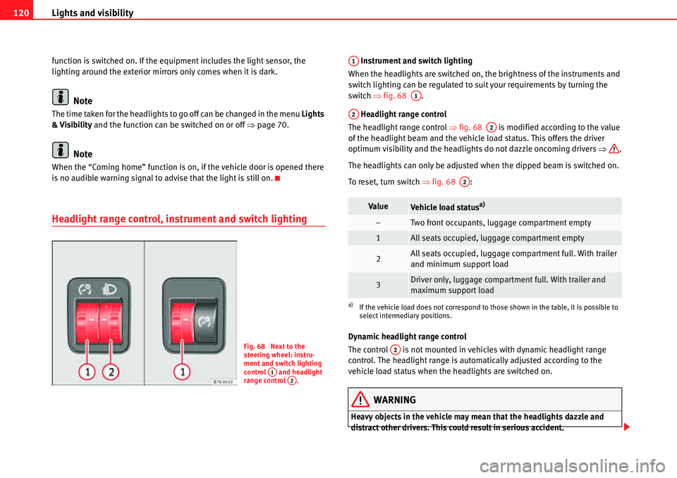 Seat Alhambra 2010  Owners Manual Lights and visibility 120
function is switched on. If the equipment includes the light sensor, the 
lighting around the exterior mirrors only comes when it is dark.
Note
The time taken for the headlig