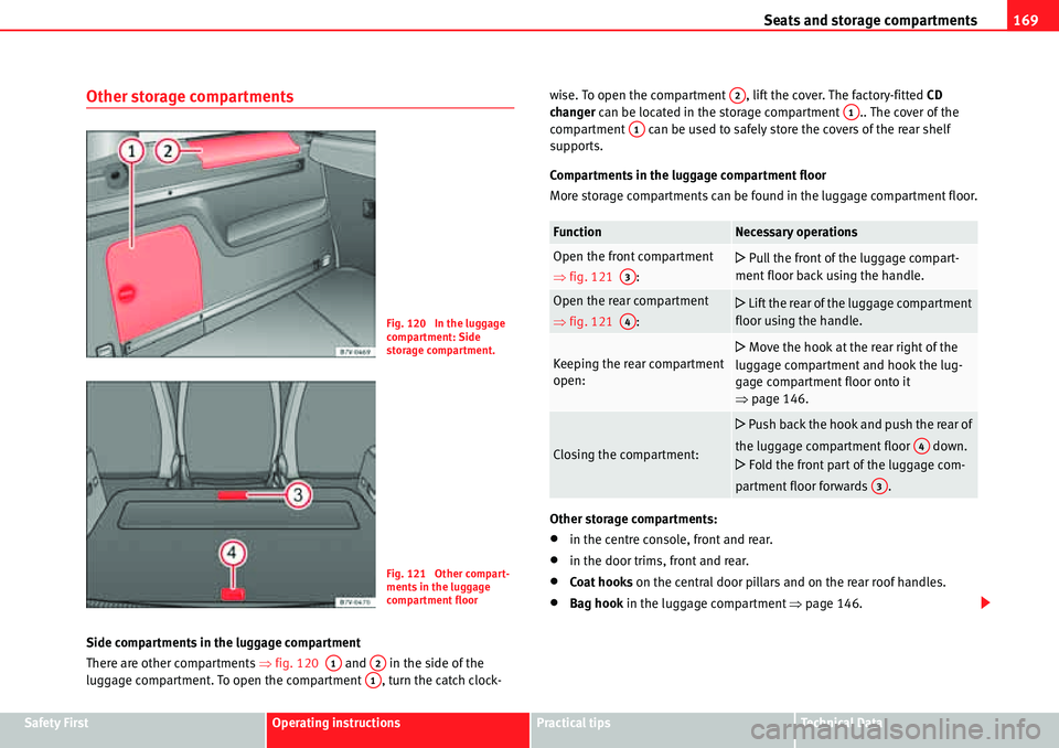 Seat Alhambra 2010  Owners Manual Seats and storage compartments169
Safety FirstOperating instructionsPractical tipsTe c h n i c a l  D a t a
Other storage compartments
Side compartments in the luggage compartment
There are other comp
