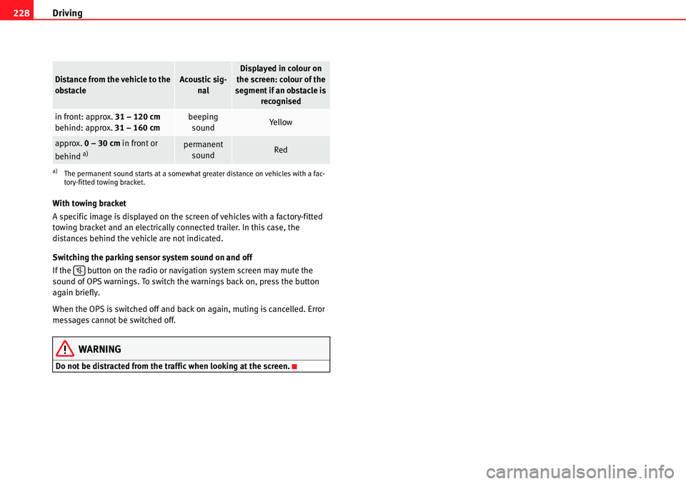 Seat Alhambra 2010  Owners Manual Driving 228
With towing bracket
A specific image is displayed on the screen of vehicles with a factory-fitted 
towing bracket and an electrically connected trailer. In this case, the 
distances behind
