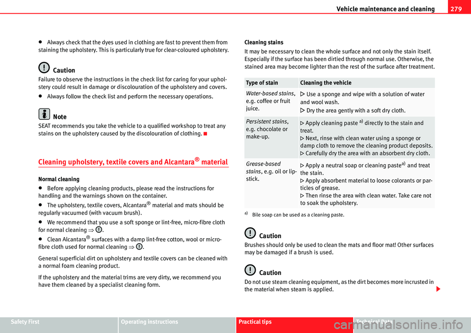 Seat Alhambra 2010  Owners Manual Vehicle maintenance and cleaning279
Safety FirstOperating instructionsPractical tipsTe c h n i c a l  D a t a
�xAlways check that the dyes used in clothing are fast to prevent them from 
staining the 