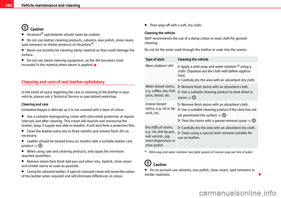 Seat Alhambra 2010  Owners Manual Vehicle maintenance and cleaning 280
Caution
�xAlcantara® upholsteries should never be soaked.
�xDo not use leather cleaning products, solvents, wax polish, shoe cream, 
spot removers or similar prod