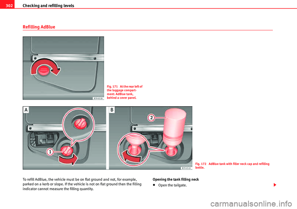 Seat Alhambra 2010  Owners Manual Checking and refilling levels 302
Refilling AdBlue
To refill AdBlue, the vehicle must be on flat ground and not, for example, 
parked on a kerb or slope. If the vehicle is not on flat ground then the 
