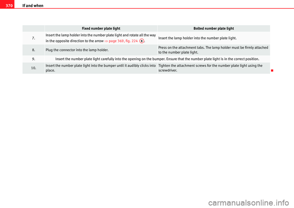 Seat Alhambra 2010  Owners Manual If and when 370
7.Insert the lamp holder into the number plate light and rotate all the way 
in the opposite direction to the arrow �Ÿpage 369, fig. 224  .Insert the lamp holder into the number plate