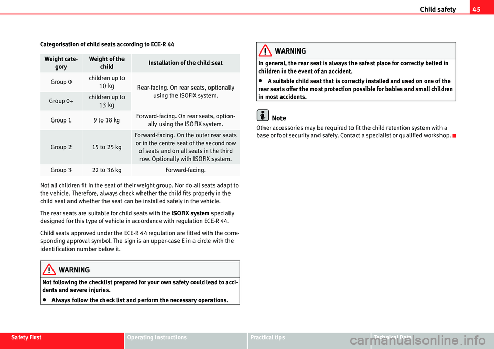 Seat Alhambra 2010 Service Manual Child safety45
Safety FirstOperating instructionsPractical tipsTe c h n i c a l  D a t a Categorisation of child seats according to ECE-R 44
Not all children fit in the seat of their weight group. Nor