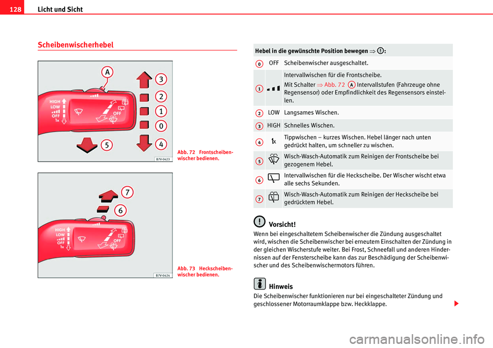 Seat Alhambra 2010  Betriebsanleitung (in German) Licht und Sicht
128
Scheibenwischerhebel
Vorsicht!
Wenn bei eingeschaltetem Scheibenwischer die Zündung ausgeschaltet 
wird, wischen die Scheibenwischer bei erneutem Einschalten der Zündung in 
der 