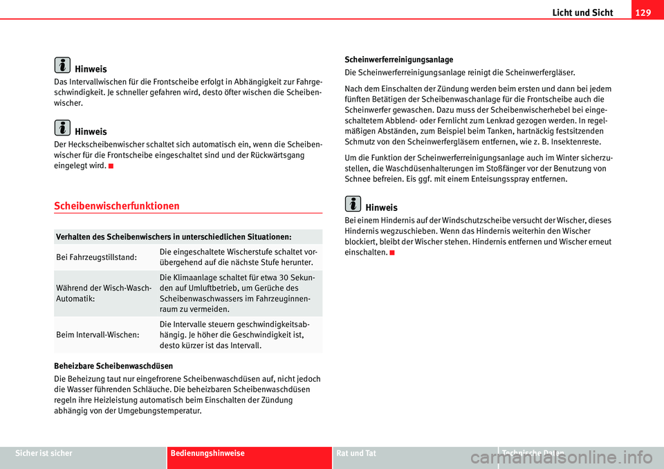 Seat Alhambra 2010  Betriebsanleitung (in German) Licht und Sicht129
Sicher ist sicherBedienungshinweiseRat und TatTechnische Daten
Hinweis
Das Intervallwischen für die Frontscheibe erfolgt in Abhängigkeit zur Fahrge-
schwindigkeit. Je schneller ge