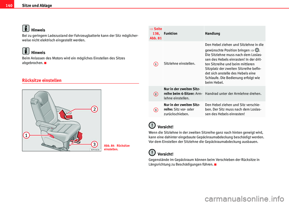 Seat Alhambra 2010  Betriebsanleitung (in German) Sitze und Ablage
140
Hinweis
Bei zu geringem Ladezustand der Fahrzeugbatterie kann der Sitz möglicher-
weise nicht elektrisch eingestellt werden.
Hinweis
Beim Anlassen des Motors wird ein mögliches 