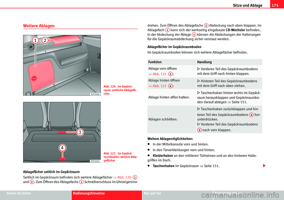 Seat Alhambra 2010  Betriebsanleitung (in German) Sitze und Ablage175
Sicher ist sicherBedienungshinweiseRat und TatTechnische Daten
Weitere Ablagen
Ablagefächer seitlich im Gepäckraum
Seitlich im Gepäckraum befinden sich weitere Ablagefächer  �