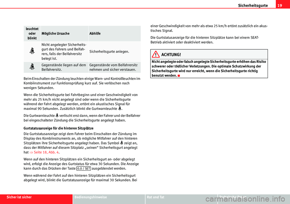 Seat Alhambra 2010  Betriebsanleitung (in German) Sicherheitsgurte19
Sicher ist sicherBedienungshinweiseRat und TatTechnische Daten
Beim Einschalten der Zündung leuchten einige Warn- und Kontrollleuchten im 
Kombiinstrument zur Funktionsprüfung kur