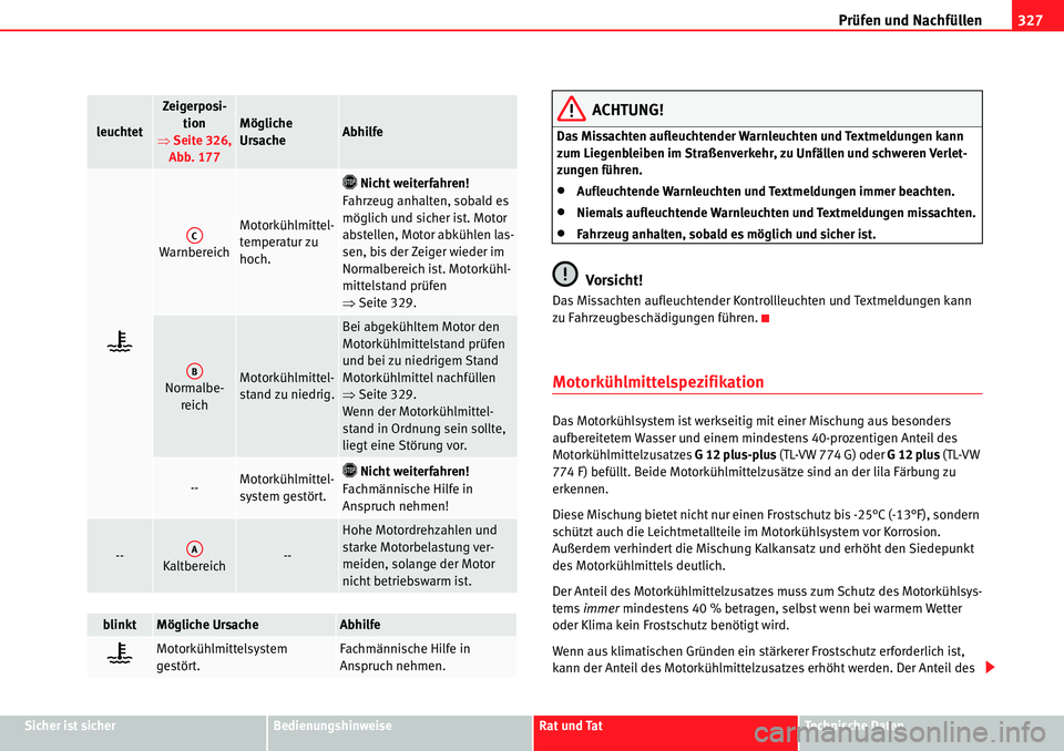 Seat Alhambra 2010  Betriebsanleitung (in German) Prüfen und Nachfüllen327
Sicher ist sicherBedienungshinweiseRat und TatTechnische Daten
ACHTUNG!
Das Missachten aufleuchtender Warnleuchten und Textmeldungen kann 
zum Liegenbleiben im Straßenverke