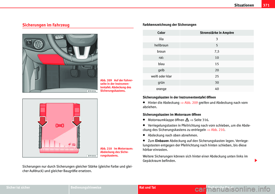 Seat Alhambra 2010 Betriebsanleitung (in German) Situationen371
Sicher ist sicherBedienungshinweiseRat und TatTechnische Daten
Sicherungen im Fahrzeug
Sicherungen nur durch Sicherungen gleicher Stärke (gleiche Farbe und glei-
cher Aufdruck) und gle Seat Alhambra 2010 Betriebsanleitung (in German) Situationen371
Sicher ist sicherBedienungshinweiseRat und TatTechnische Daten
Sicherungen im Fahrzeug
Sicherungen nur durch Sicherungen gleicher Stärke (gleiche Farbe und glei-
cher Aufdruck) und gle