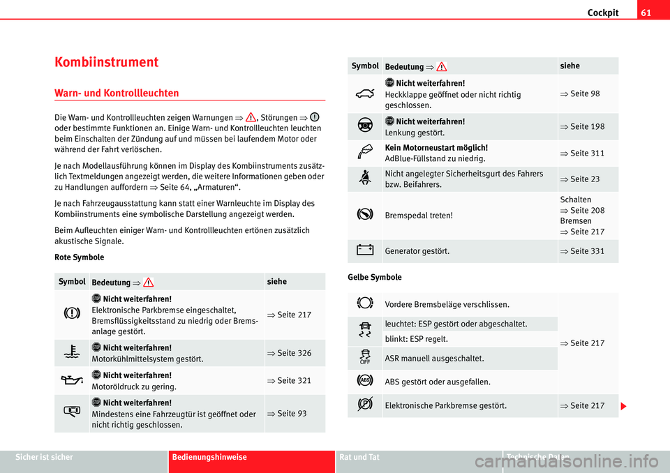 Seat Alhambra 2010  Betriebsanleitung (in German) Cockpit61
Sicher ist sicherBedienungshinweiseRat und TatTechnische Daten
Kombiinstrument
Warn- und Kontrollleuchten
Die Warn- und Kontrollleuchten zeigen Warnungen  �Ÿ, Störungen  �Ÿ 
oder bestimmt