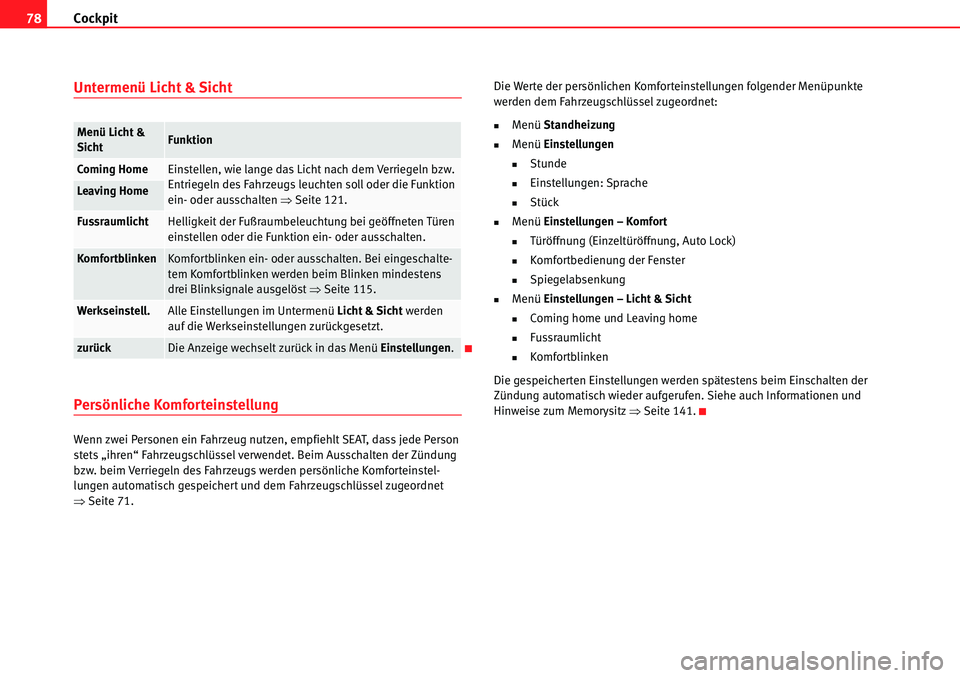 Seat Alhambra 2010  Betriebsanleitung (in German) Cockpit
78
Untermenü Licht & Sicht
Persönliche Komforteinstellung
Wenn zwei Personen ein Fahrzeug nutzen, empfiehlt SEAT, dass jede Person 
stets „ihren“ Fahrzeugschlüssel verwendet. Beim Aussc