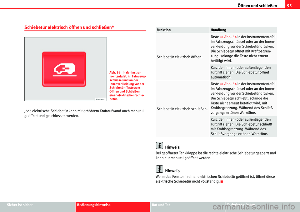 Seat Alhambra 2010  Betriebsanleitung (in German) Öffnen und schließen95
Sicher ist sicherBedienungshinweiseRat und TatTechnische Daten
Schiebetür elektrisch öffnen und schließen*
Jede elektrische Schiebetür kann mit erhöhtem Kraftaufwand auch