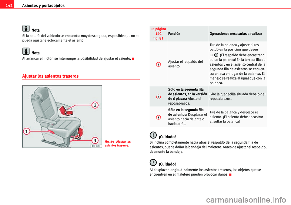 Seat Alhambra 2010 Manual del propietario (in Spanish) Asientos y portaobjetos 142
Nota
Si la batería del vehículo se encuentra muy descargada, es posible que no se
pueda ajustar eléctricamente el asiento.
Nota
Al arrancar el motor, se interrumpe la p Seat Alhambra 2010 Manual del propietario (in Spanish) Asientos y portaobjetos 142
Nota
Si la batería del vehículo se encuentra muy descargada, es posible que no se
pueda ajustar eléctricamente el asiento.
Nota
Al arrancar el motor, se interrumpe la p