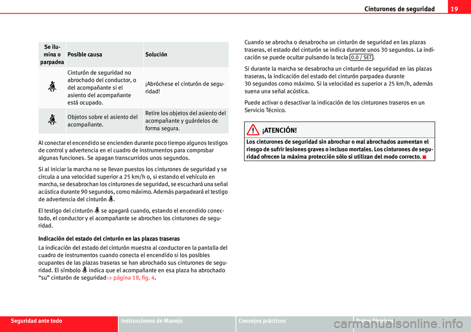 Seat Alhambra 2010  Manual del propietario (in Spanish) Cinturones de seguridad19
Seguridad ante todoInstrucciones de ManejoConsejos prácticosDatos Técnicos Al conectar el encendido se encienden durante poco tiempo algunos testigos 
de control y adverten