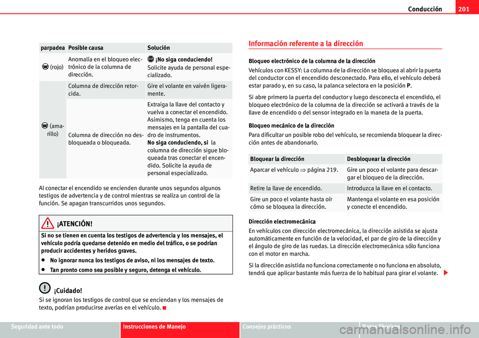 Seat Alhambra 2010  Manual del propietario (in Spanish) Conducción201
Seguridad ante todoInstrucciones de ManejoConsejos prácticosDatos Técnicos Al conectar el encendido se encienden durante unos segundos algunos 
testigos de advertencia y de control mi