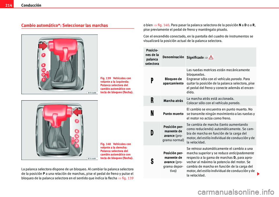Seat Alhambra 2010  Manual del propietario (in Spanish) Conducción 214
Cambio automático*: Seleccionar las marchas
La palanca selectora dispone de un bloqueo. Al cambiar la palanca selectora 
de la posición P a una relación de marchas, pise el pedal de