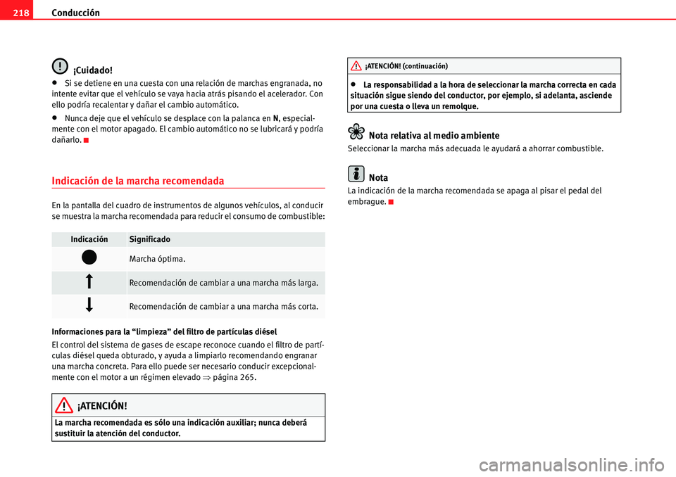 Seat Alhambra 2010  Manual del propietario (in Spanish) Conducción 218
¡Cuidado!
�xSi se detiene en una cuesta con una relación de marchas engranada, no 
intente evitar que el vehículo se vaya hacia atrás pisando el acelerador. Con 
ello podría recal