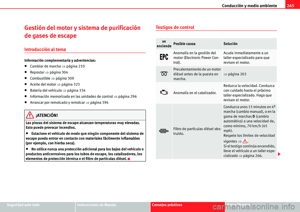 Seat Alhambra 2010  Manual del propietario (in Spanish) Conducción y medio ambiente265
Seguridad ante todoInstrucciones de ManejoConsejos prácticosDatos Técnicos
Gestión del motor y sistema de purificación 
de gases de escape
Introducción al tema
Inf