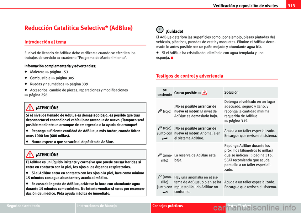 Seat Alhambra 2010  Manual del propietario (in Spanish) Verificación y reposición de niveles313
Seguridad ante todoInstrucciones de ManejoConsejos prácticosDatos Técnicos
Reducción Catalítica Selectiva* (AdBlue) 
Introducción al tema
El nivel de lle