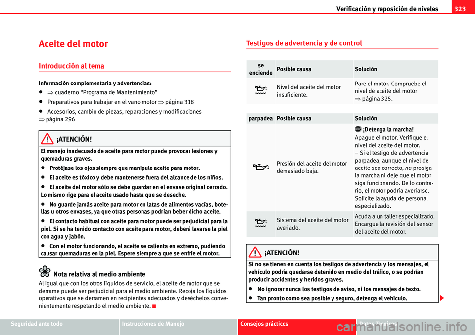 Seat Alhambra 2010  Manual del propietario (in Spanish) Verificación y reposición de niveles323
Seguridad ante todoInstrucciones de ManejoConsejos prácticosDatos Técnicos
Aceite del motor
Introducción al tema
Información complementaria y advertencias