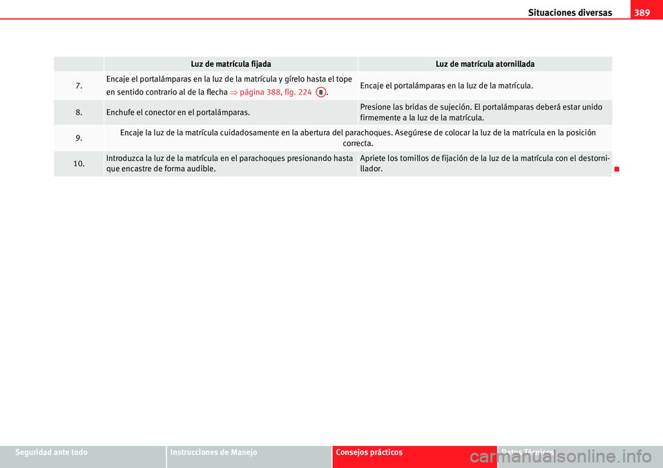 Seat Alhambra 2010 Manual del propietario (in Spanish) Situaciones diversas389
Seguridad ante todoInstrucciones de ManejoConsejos prácticosDatos Técnicos
7.Encaje el portalámparas en la luz de la matrícula y gírelo hasta el tope
en sentido contrario Seat Alhambra 2010 Manual del propietario (in Spanish) Situaciones diversas389
Seguridad ante todoInstrucciones de ManejoConsejos prácticosDatos Técnicos
7.Encaje el portalámparas en la luz de la matrícula y gírelo hasta el tope
en sentido contrario