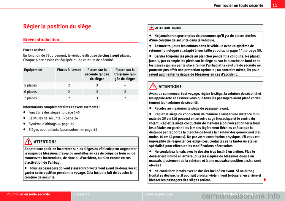 Seat Alhambra 2010  Manuel du propriétaire (in French)  Pour rouler en toute sécurité11
Pour rouler en toute sécuritéUtilisationConseils pratiquesCaractéristiques techniques
Régler la position du siège
Brève introduction
Places assises
En fonction 