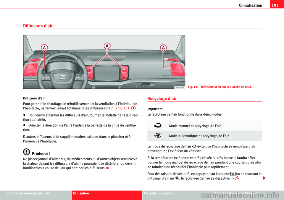 Seat Alhambra 2010  Manuel du propriétaire (in French)  Climatisation195
Pour rouler en toute sécuritéUtilisationConseils pratiquesCaractéristiques techniques
Diffuseurs dair
Diffuseur dair
Pour garantir le chauffage, le refroidissement et la ventilat