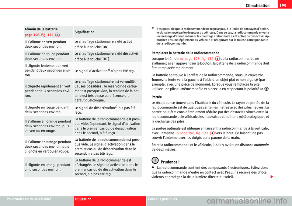 Seat Alhambra 2010  Manuel du propriétaire (in French)  Climatisation199
Pour rouler en toute sécuritéUtilisationConseils pratiquesCaractéristiques techniques Remplacer la batterie de la radiocommande
Lorsque le témoin �Ÿpage 198, fig. 132   de la rad