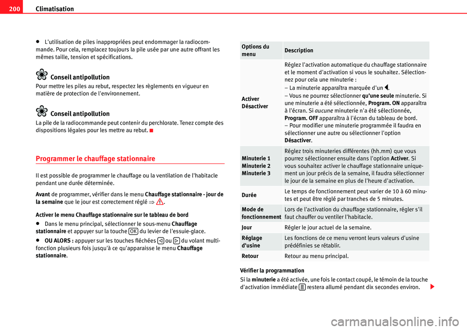Seat Alhambra 2010  Manuel du propriétaire (in French)  Climatisation 200
�xLutilisation de piles inappropriées peut endommager la radiocom-
mande. Pour cela, remplacez toujours la pile usée par une autre offrant les 
mêmes taille, tension et spécific
