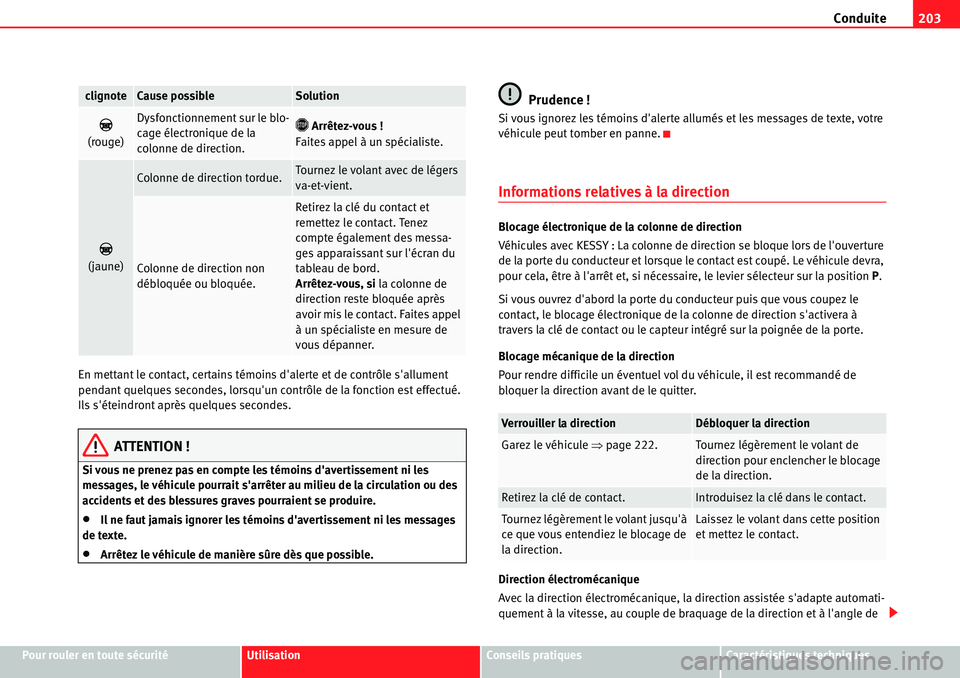 Seat Alhambra 2010  Manuel du propriétaire (in French)  Conduite203
Pour rouler en toute sécuritéUtilisationConseils pratiquesCaractéristiques techniques En mettant le contact, certains témoins dalerte et de contrôle sallument 
pendant quelques seco