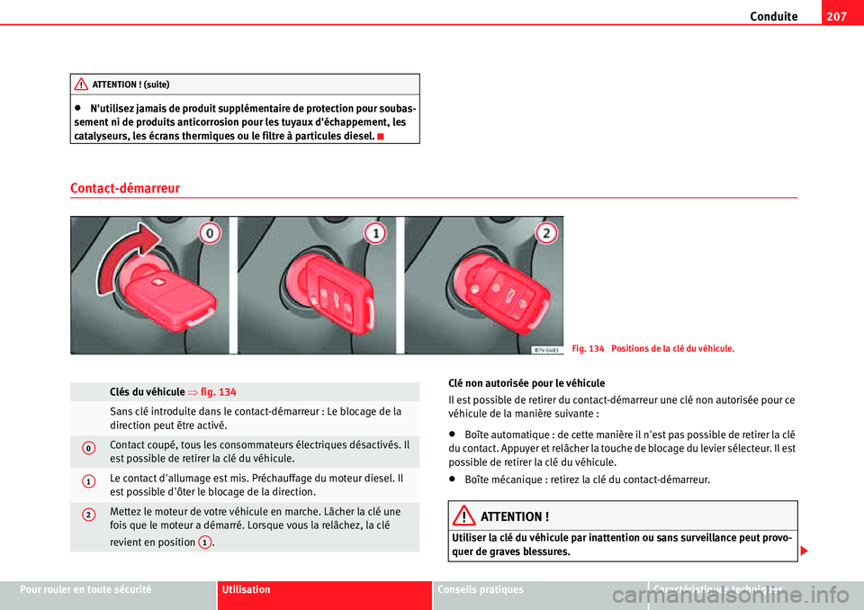 Seat Alhambra 2010  Manuel du propriétaire (in French)  Conduite207
Pour rouler en toute sécuritéUtilisationConseils pratiquesCaractéristiques techniques
�xNutilisez jamais de produit supplémentaire de protection pour soubas-
sement ni de produits ant