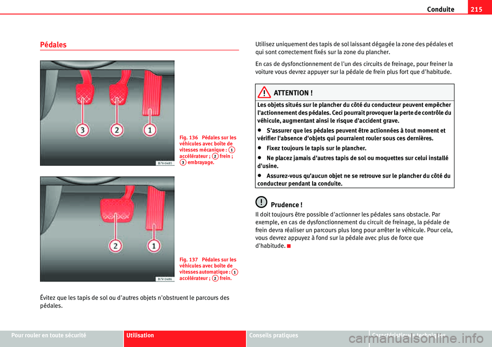 Seat Alhambra 2010  Manuel du propriétaire (in French)  Conduite215
Pour rouler en toute sécuritéUtilisationConseils pratiquesCaractéristiques techniques
Pédales
Évitez que les tapis de sol ou dautres objets nobstruent le parcours des 
pédales.Util