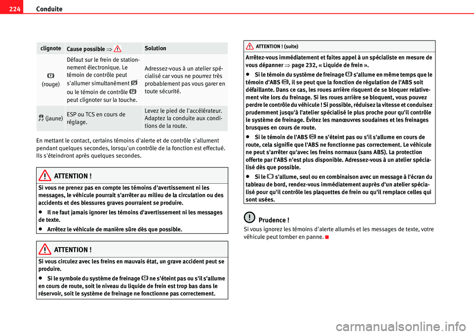 Seat Alhambra 2010  Manuel du propriétaire (in French)  Conduite 224
En mettant le contact, certains témoins dalerte et de contrôle sallument 
pendant quelques secondes, lorsquun contrôle de la fonction est effectué. 
Ils séteindront après quelqu