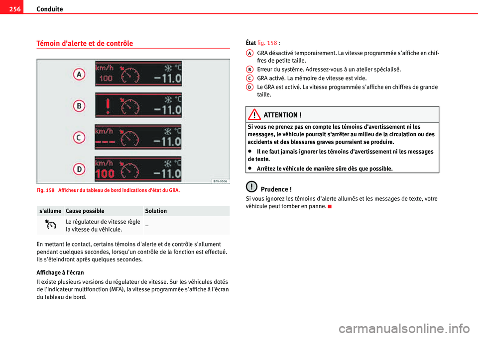 Seat Alhambra 2010  Manuel du propriétaire (in French)  Conduite 256
Témoin dalerte et de contrôle
Fig. 158  Afficheur du tableau de bord indications détat du GRA.
En mettant le contact, certains témoins dalerte et de contrôle sallument 
pendant q