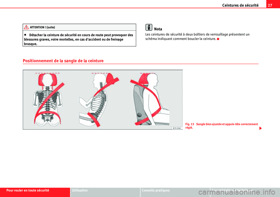 Seat Alhambra 2010  Manuel du propriétaire (in French)  Ceintures de sécurité27
Pour rouler en toute sécuritéUtilisationConseils pratiquesCaractéristiques techniques
�xDétacher la ceinture de sécurité en cours de route peut provoquer des 
blessures
