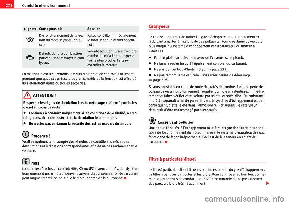 Seat Alhambra 2010  Manuel du propriétaire (in French)  Conduite et environnement 272
En mettant le contact, certains témoins dalerte et de contrôle sallument 
pendant quelques secondes, lorsquun contrôle de la fonction est effectué. 
Ils séteindr