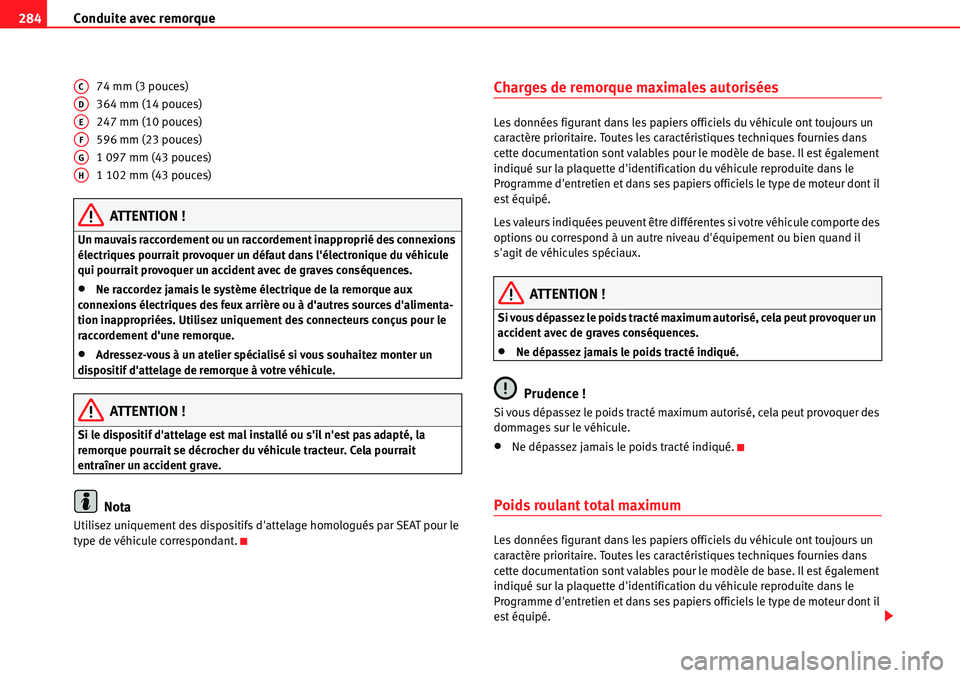 Seat Alhambra 2010  Manuel du propriétaire (in French)  Conduite avec remorque 284
74 mm (3 pouces)
364 mm (14 pouces)
247 mm (10 pouces)
596 mm (23 pouces)
1 097 mm (43 pouces)
1 102 mm (43 pouces)
ATTENTION !
Un mauvais raccordement ou un raccordement in