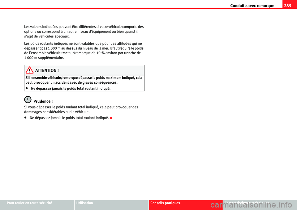 Seat Alhambra 2010  Manuel du propriétaire (in French)  Conduite avec remorque285
Pour rouler en toute sécuritéUtilisationConseils pratiquesCaractéristiques techniques Les valeurs indiquées peuvent être différentes si votre véhicule comporte des 
op