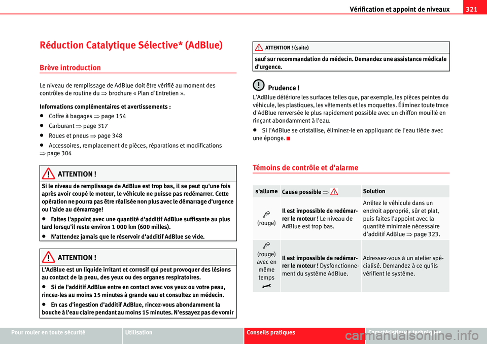 Seat Alhambra 2010  Manuel du propriétaire (in French)  Vérification et appoint de niveaux321
Pour rouler en toute sécuritéUtilisationConseils pratiquesCaractéristiques techniques
Réduction Catalytique Sélective* (AdBlue) 
Brève introduction
Le nive