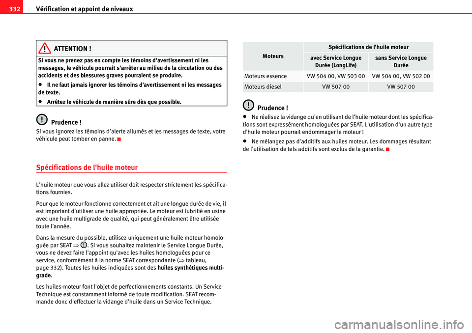 Seat Alhambra 2010  Manuel du propriétaire (in French)  Vérification et appoint de niveaux 332
ATTENTION !
Si vous ne prenez pas en compte les témoins davertissement ni les 
messages, le véhicule pourrait sarrêter au milieu de la circulation ou des 
