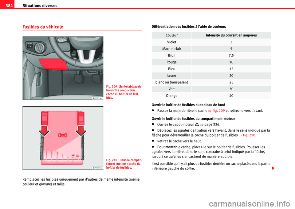 Seat Alhambra 2010 Manuel du propriétaire (in French) Situations diverses 384
Fusibles du véhicule
Remplacez les fusibles uniquement par dautres de même intensité (même
couleur et gravure) et taille.Différentiation des fusibles à laide de couleu Seat Alhambra 2010 Manuel du propriétaire (in French) Situations diverses 384
Fusibles du véhicule
Remplacez les fusibles uniquement par dautres de même intensité (même
couleur et gravure) et taille.Différentiation des fusibles à laide de couleu