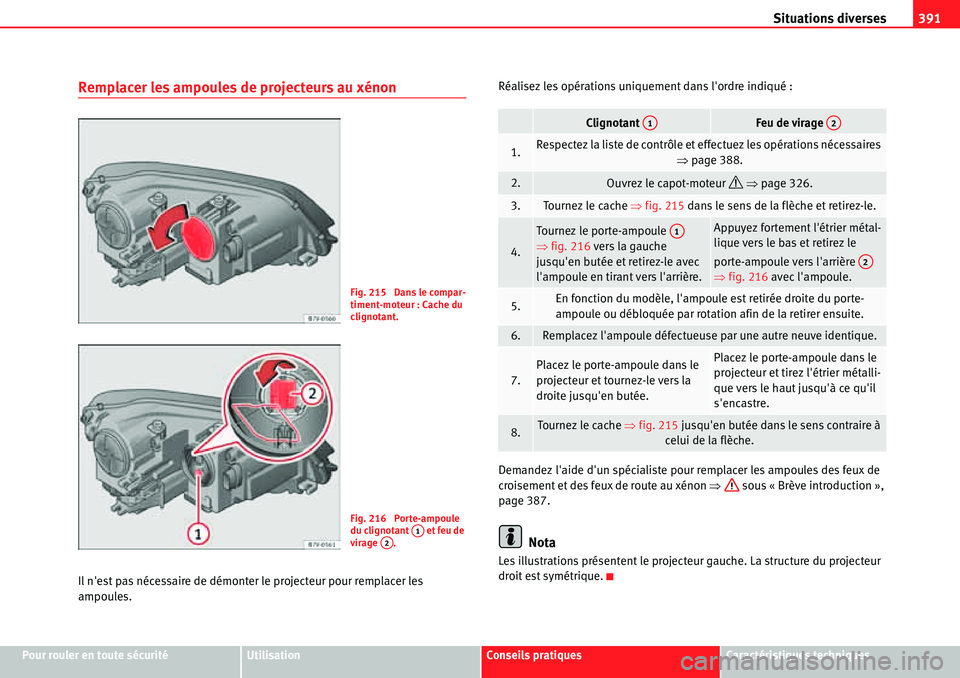 Seat Alhambra 2010 Manuel du propriétaire (in French) Situations diverses391
Pour rouler en toute sécuritéUtilisationConseils pratiquesCaractéristiques techniques
Remplacer les ampoules de projecteurs au xénon
Il nest pas nécessaire de démonter le Seat Alhambra 2010 Manuel du propriétaire (in French) Situations diverses391
Pour rouler en toute sécuritéUtilisationConseils pratiquesCaractéristiques techniques
Remplacer les ampoules de projecteurs au xénon
Il nest pas nécessaire de démonter le